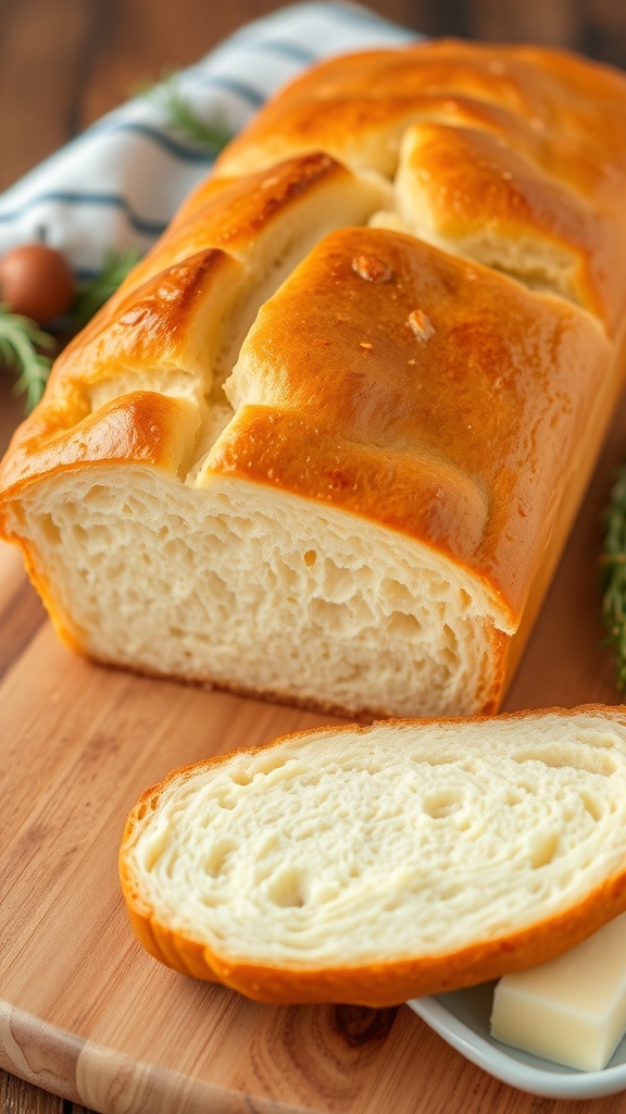 Quick and Easy Homemade Bread Recipe with 5 Ingredients Freshly baked homemade bread loaf on a cutting board with butter and herbs.